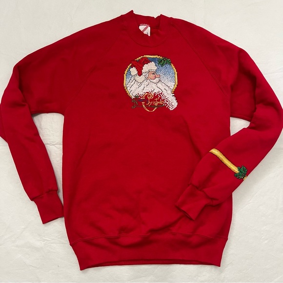 Vintage Jerzees Cross Stitch Santa Ugly Christmas Sweater Sweatshirt - Picture 1 of 9